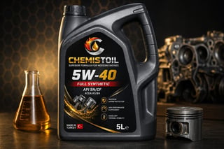 ChemiStoil 5W-40 full synthetic motor oil bottle with engine components and oil samples displayed