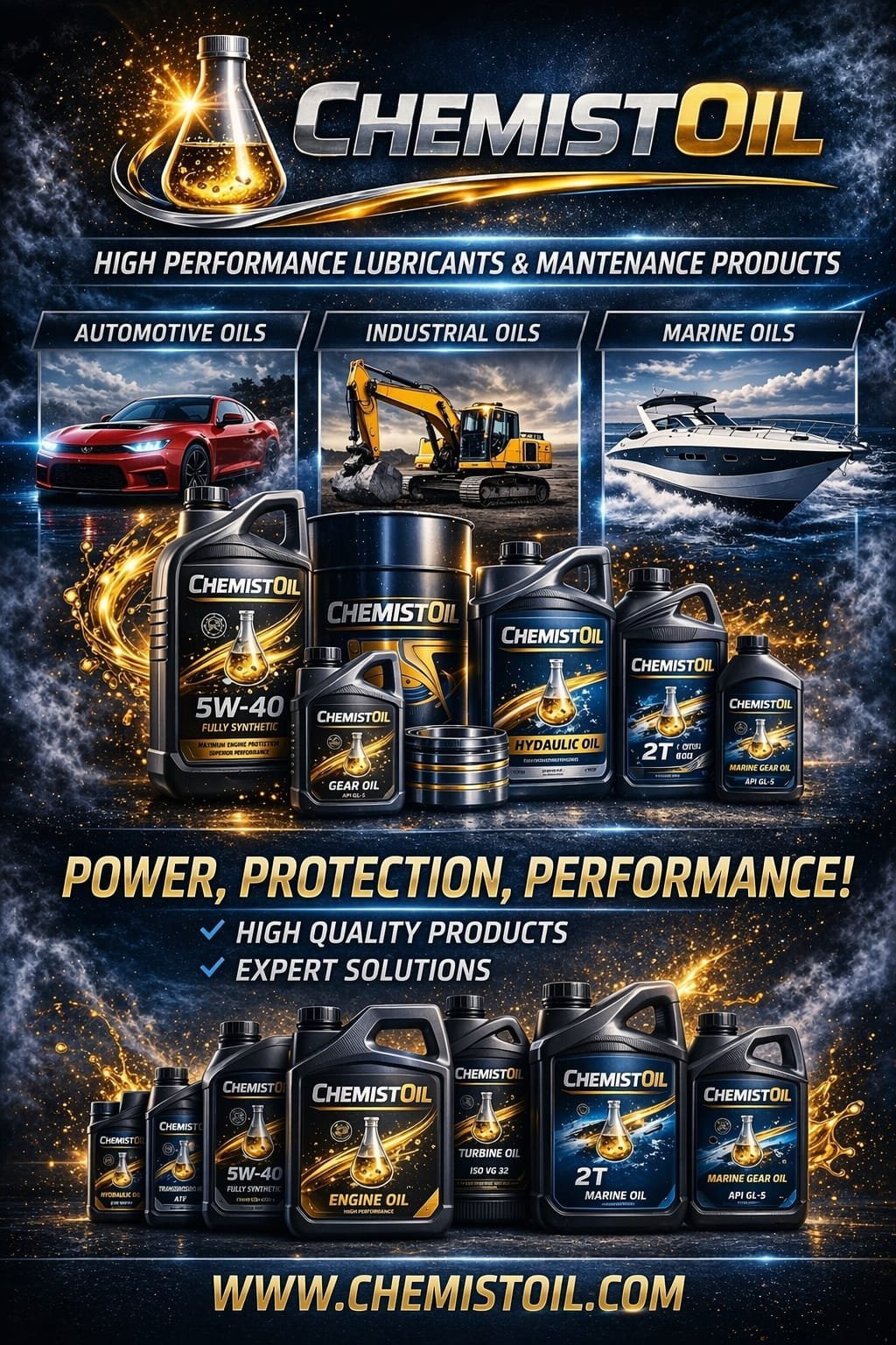 ChemistOil brand promotional poster displaying high performance lubricants and maintenance products for automotive, industrial, and marine applications