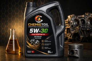 Chemistoil 5W-30 full synthetic motor oil 5L bottle with golden liquid sample, engine pistons, and industrial background
