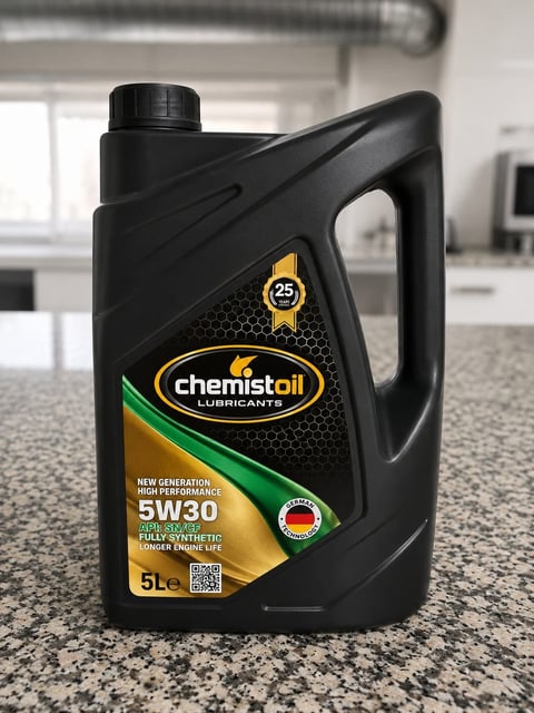 Black 5L bottle of Chemistoil 5W30 synthetic motor oil on a granite countertop in a kitchen