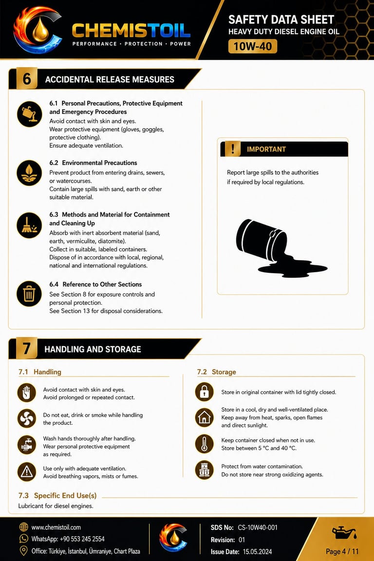 CHEMISTOIL safety data sheet page 4 showing accidental release measures and handling and storage instructions for 10W-40 diesel engine oil