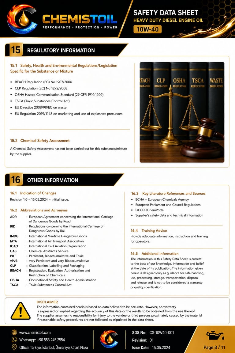 ChemisToil safety data sheet showing regulatory information section 15 and other information section 16 for 10W-40 diesel engine oil