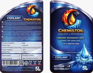 Front and back labels of a 5L Chemistoil coolant bottle showing product specifications and features