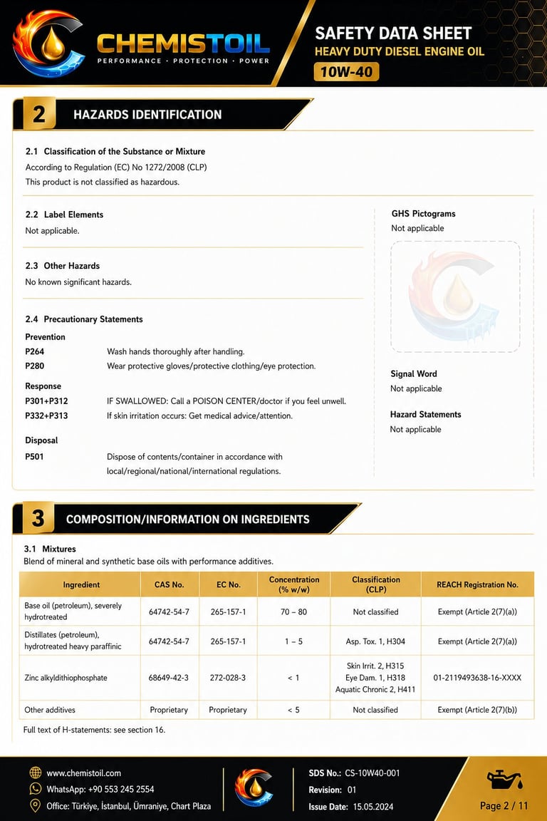 Chemistoil 10W-40 heavy duty diesel engine oil safety data sheet showing hazards identification and composition information