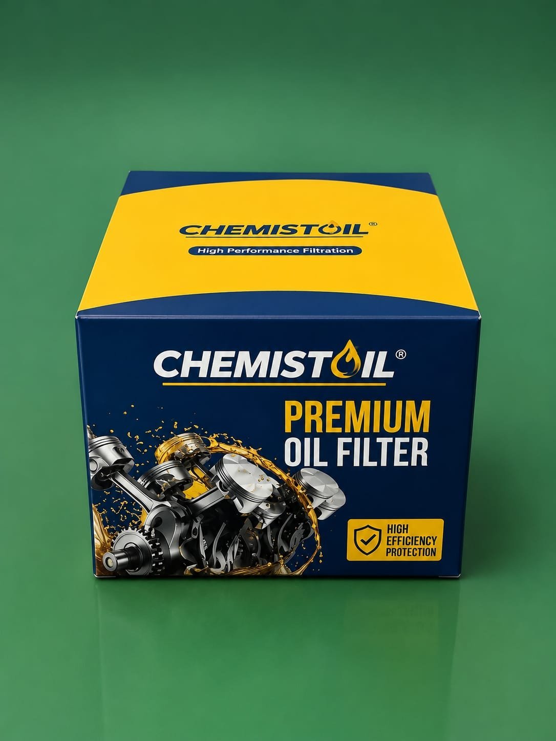 CHEMISTOIL Premium Oil Filter box with yellow and dark blue design on green background