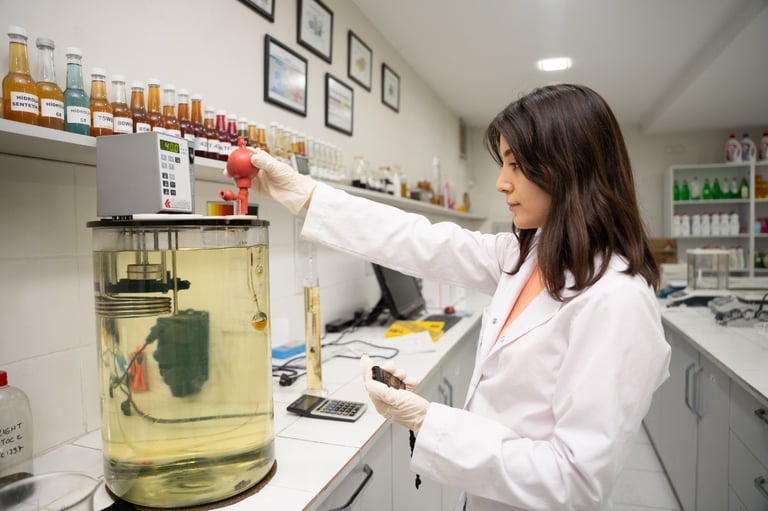 A female scientist in a white lab coat working with specimens in a large glass jar in a laboratory setting