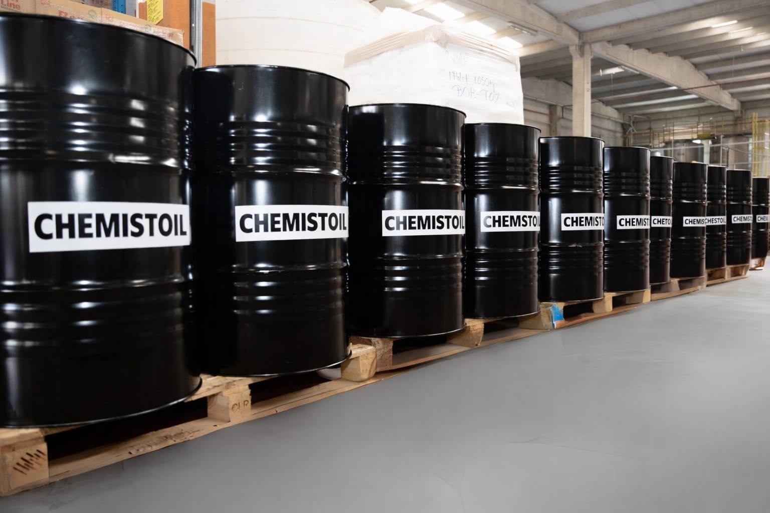 Row of large black industrial barrels labeled Chemistol stored on wooden pallets in a warehouse facility
