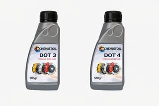 Two bottles of Chemistoil brake fluid - DOT 3 and DOT 4, each 500gr, displayed side by side