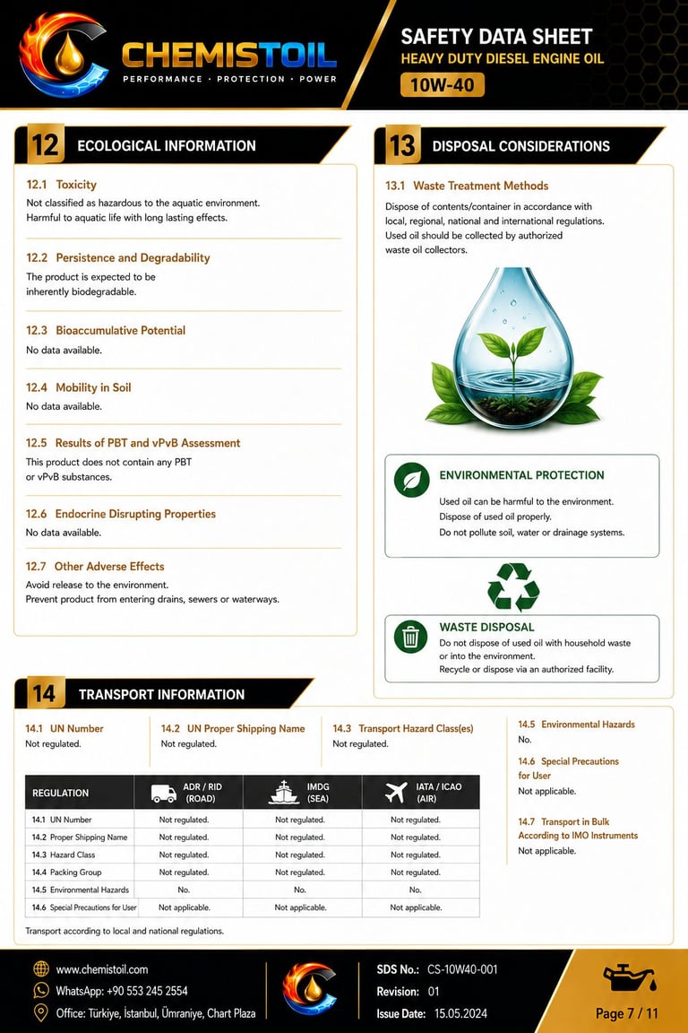 Chemistoil heavy duty diesel engine oil 10W-40 safety data sheet page 7 of 11 showing ecological, disposal, and transport information