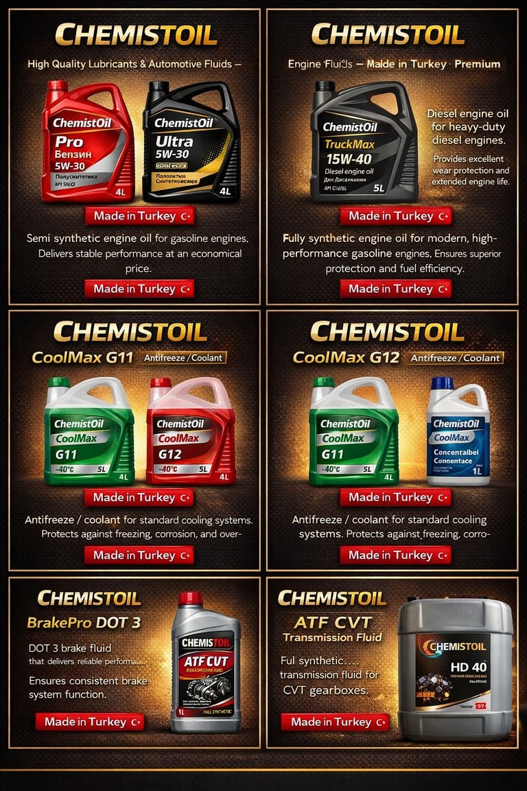 Chemisoil product catalog displaying six automotive fluid products including engine oils, coolants, brake fluid, and transmission fluid made in Turkey