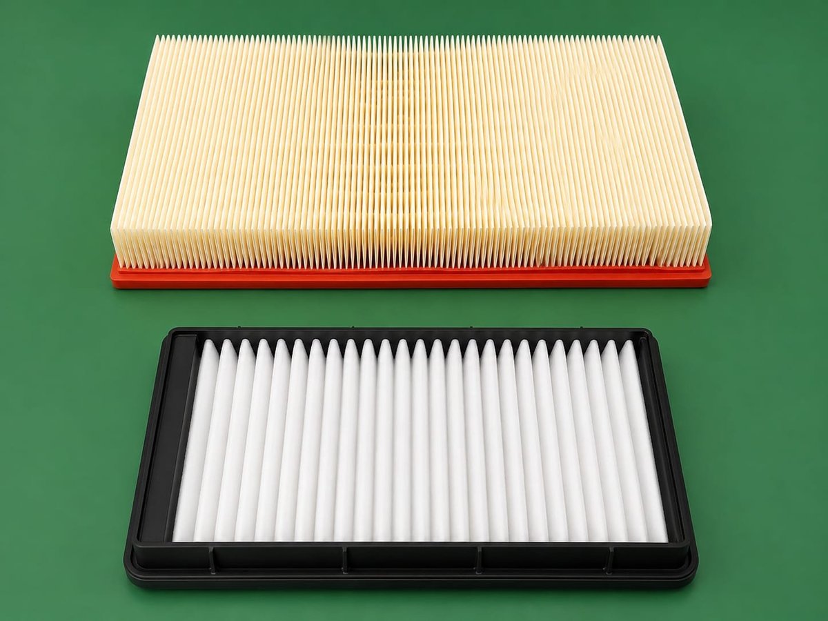Two air filters on green background: cream-colored pleated filter on top with red frame and white-pleated filter with black plastic frame below