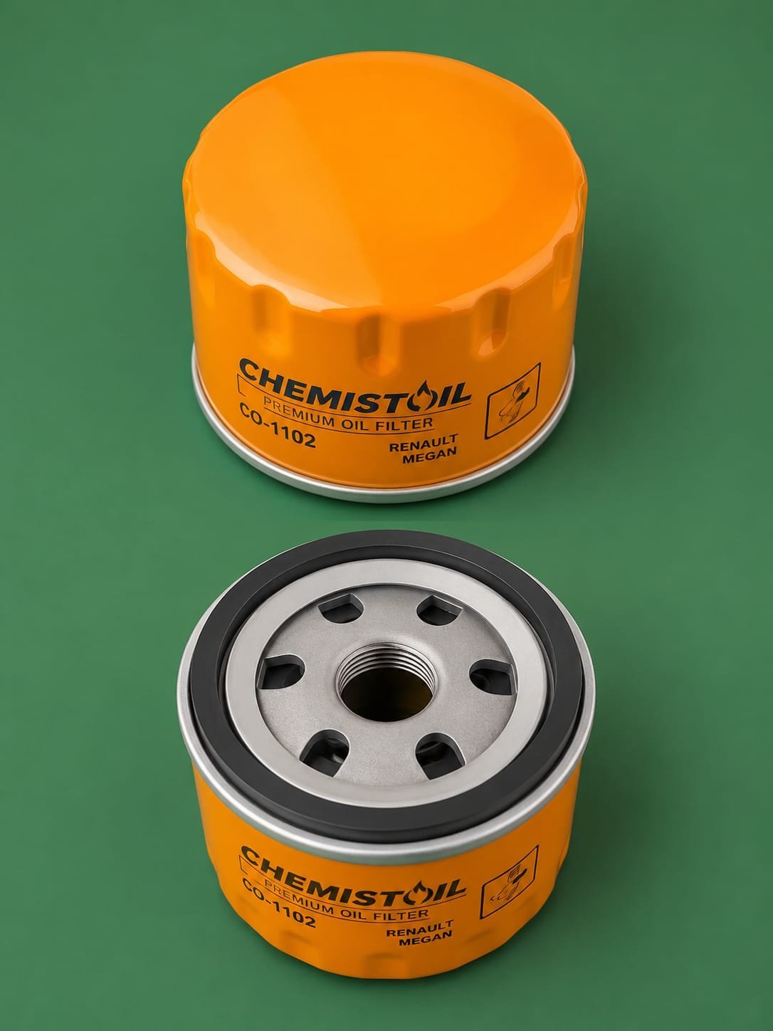 Two orange Chemist Oil filters displayed on a green background, showing top and side views with metal threading and component details